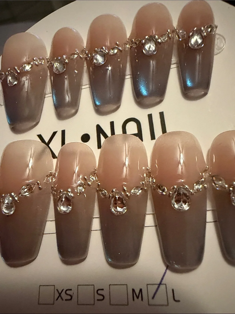 Handmade acrylic Press-On Nail Set with Iridescent Blue Ombre and Rhinestones